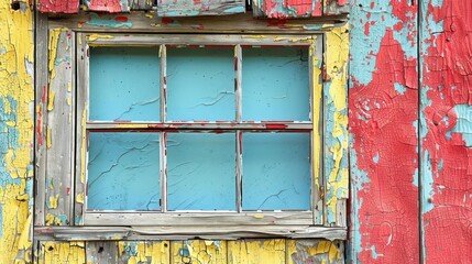 A weathered window with peeling paint in various shades of red, yellow, and blue.
