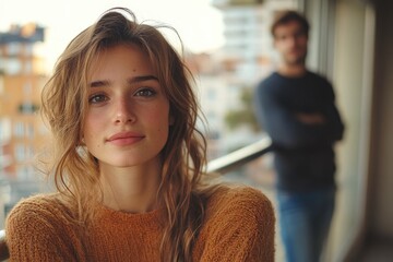 Fototapeta premium Young woman stares while man stands defiantly in background on balcony