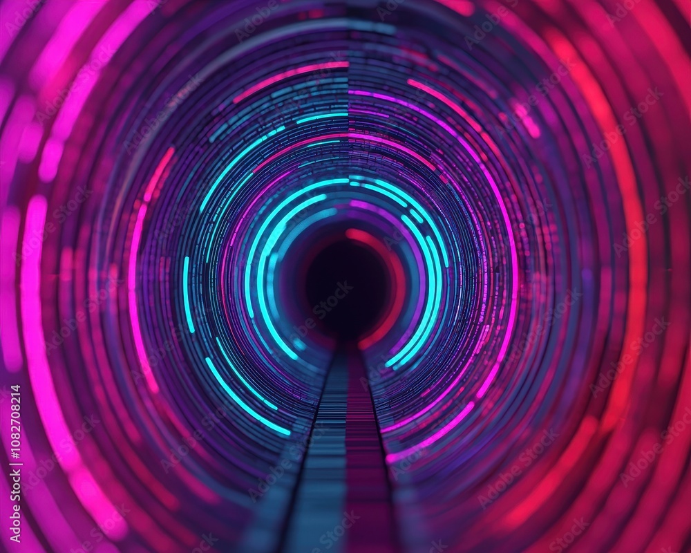 Poster a vibrant, futuristic tunnel illuminated by swirling pink and blue lights, creating a mesmerizing vi