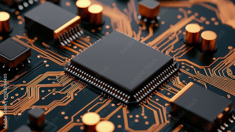 Poster a close-up view of a circuit board featuring intricate patterns of copper traces, chips, and electro