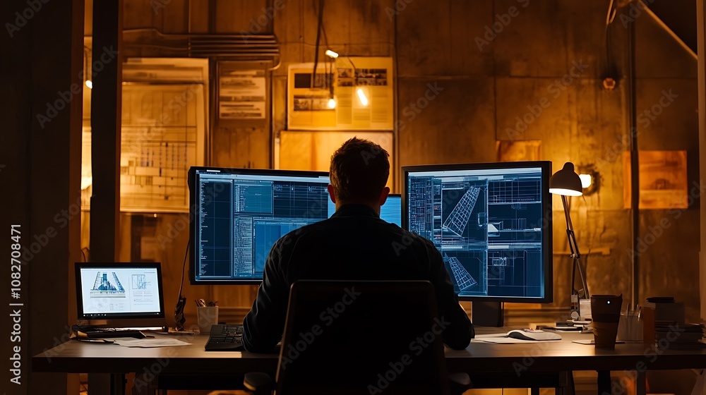 Poster a person working at a desk with multiple computer screens in a dimly lit environment.
