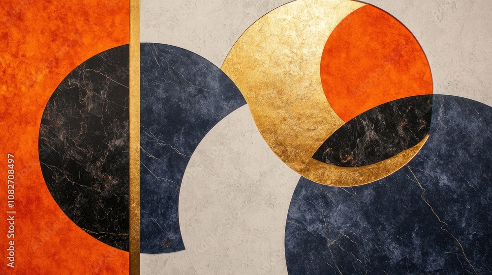 Poster abstract geometric design featuring bold colors and textures with circular forms and metallic accent