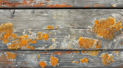 Fototapeta premium Close-up of weathered wooden planks with orange lichen growing on the surface.