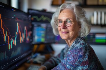 Retirement Planning and Financial LiteracyA thoughtful older woman analyzes financial charts on multiple computer screens, showcasing her expertise in trading and investment.