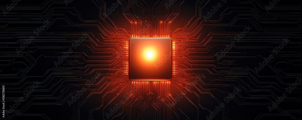 Poster a glowing microchip at the center, surrounded by a burst of light and digital patterns, symbolizing 