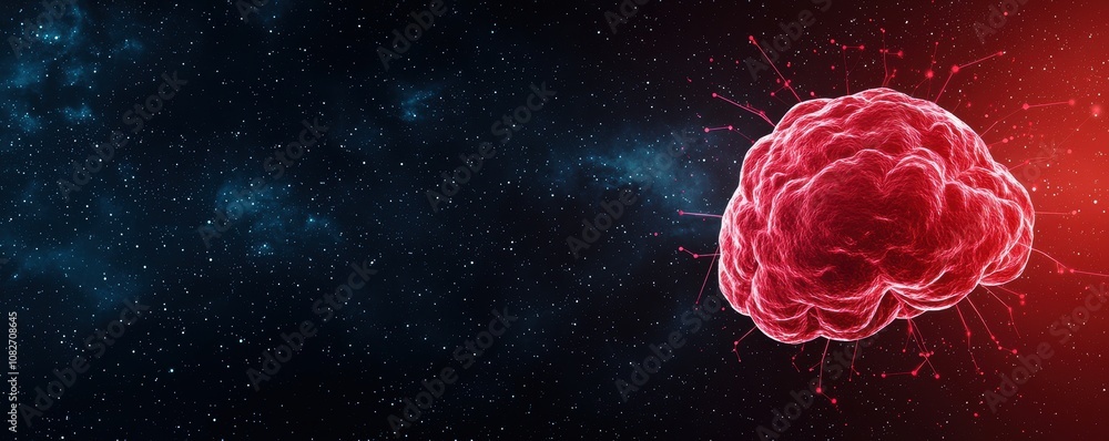Poster a vivid digital representation of a brain floating in space against a dark backdrop filled with star