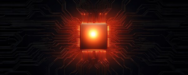 Naklejka premium A glowing microchip at the center, surrounded by a burst of light and digital patterns, symbolizing advanced technology and innovation.