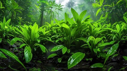 Obraz premium Lush green foliage in a tropical rainforest, with misty air and sunlight peeking through the canopy.