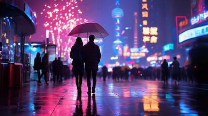 A couple walks hand-in-hand under an umbrella in a bustling city street, lit by colorful neon signs and fireworks