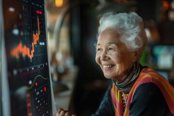 Retirement Planning and Financial LiteracyAn elderly woman smiles while analyzing financial data on a screen, showcasing her engagement with technology and investment insights.