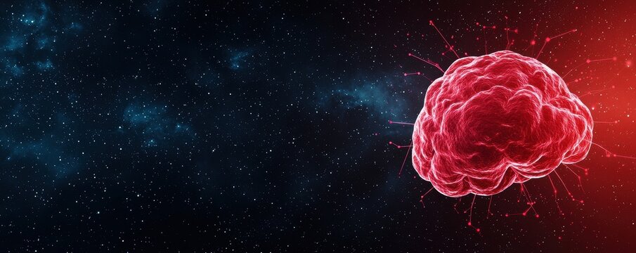 A vivid digital representation of a brain floating in space against a dark backdrop filled with stars, symbolizing knowledge, creativity, and the mysteries of the mind.