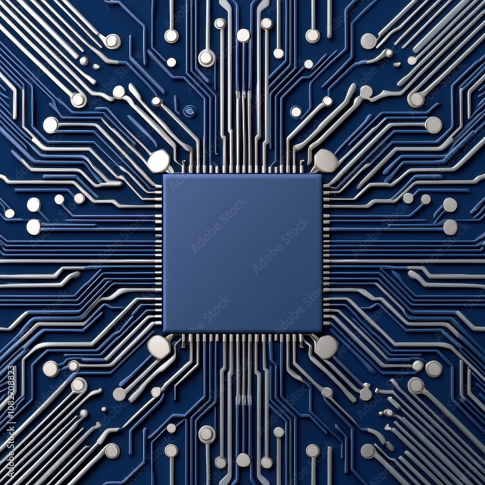 Poster a close-up of a blue circuit board with intricate silver traces and a central processing unit, showc