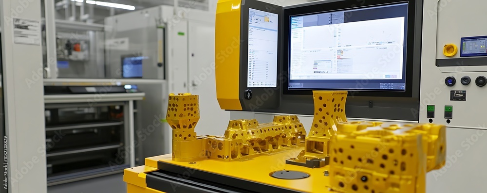 Poster a workstation displaying yellow components and a monitor in a manufacturing environment.