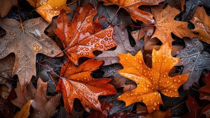A close-up shot of wet autumn leaves with water droplets on them.