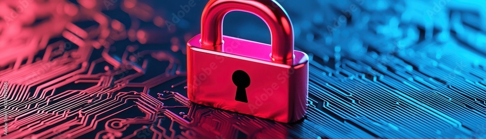 Poster a close-up image of a shiny red padlock positioned on a circuit board, symbolizing security and digi
