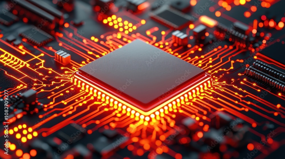 Poster a close-up view of a glowing microchip surrounded by intricate circuitry, showcasing vibrant red and