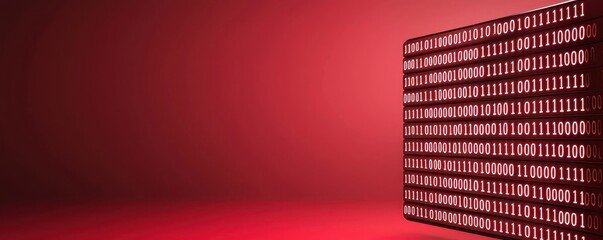 A digital display of binary code against a vibrant red background, symbolizing technology and data processing.