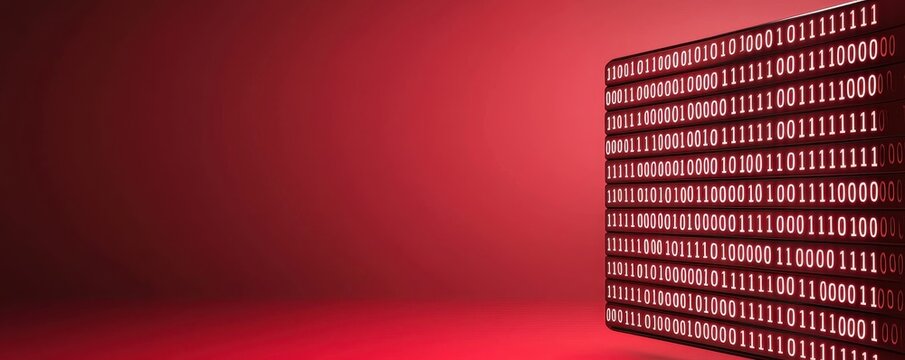 A digital display of binary code against a vibrant red background, symbolizing technology and data processing. - Powered by Adobe