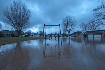 Suburban neighborhood partially underwater, children&rsquo;s playground submerged, swing set barely visible, cloudy skies, somber mood, sense of loss, medium close-up of playground area 1