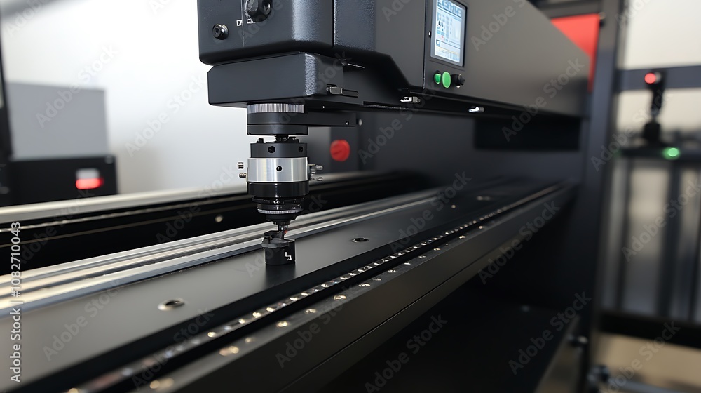 Poster a close-up of a precision cnc machine tool, showcasing its cutting mechanism and rail system.