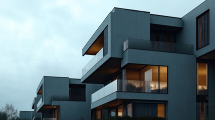 Modern architectural apartment buildings with illuminated interiors and large balconies at dusk under a cloudy sky, showcasing contemporary design and urban living.