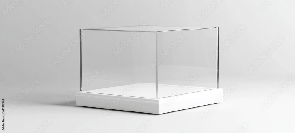 Poster elegant empty glass cube display case on white base
