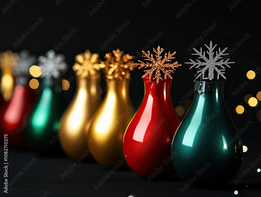 Poster a row of colorful, decorative bottles with snowflake tops, set against a dark background with blurre