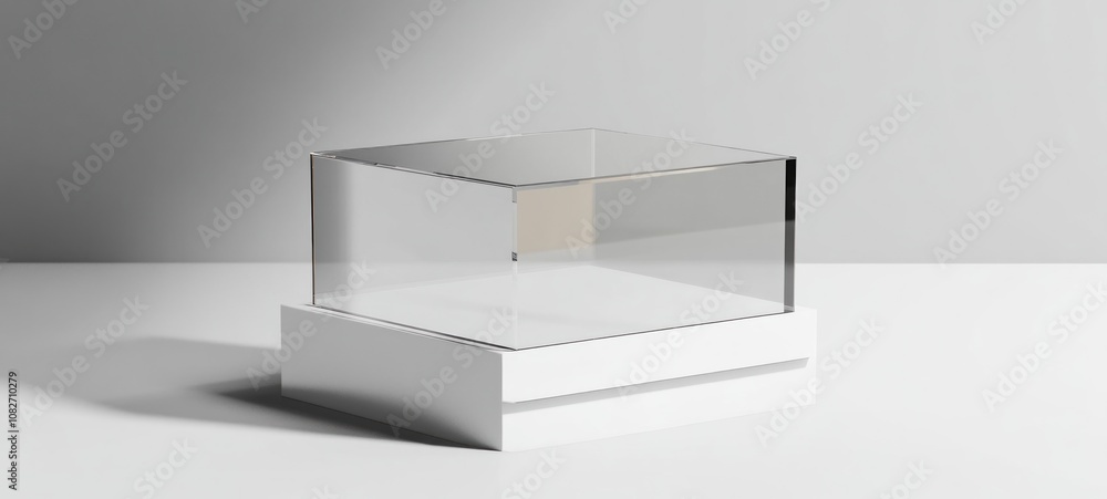 Poster minimalist glass cube display on white base: a study in transparency and simplicity