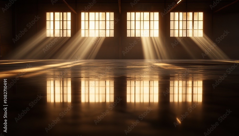 Poster sunlight streams through large windows, casting dramatic reflections on the polished floor in an exp
