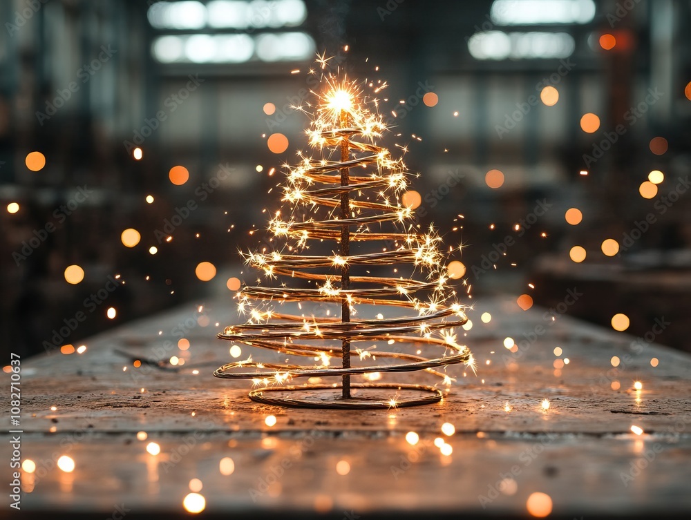 Poster a sparkling wire christmas tree surrounded by glowing lights, creating a festive and enchanting atmo