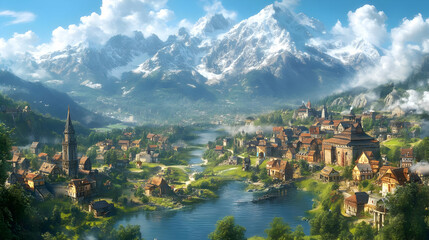Fototapeta premium Illustration of Medieval Town by River and Snow Mountains