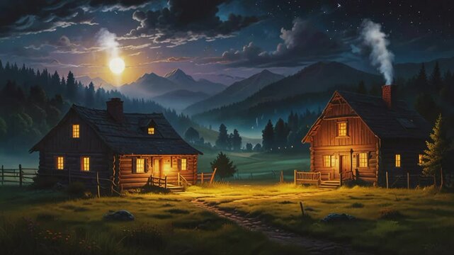 Old traditional house under moonlight, seamless 4K looping virtual video animation background