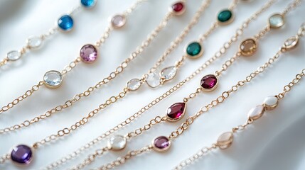 Obraz premium Delicate Multicolored Gemstone Necklaces on White Fabric Background Showcasing Elegant Jewelry Craftsmanship and Fashion Accessories for Women