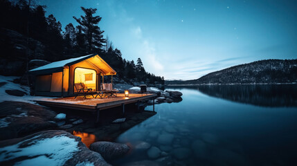 Fototapeta premium Illuminated camping tent on lakeside wooden deck with chairs overlooking tranquil water and forested hills under starry night sky