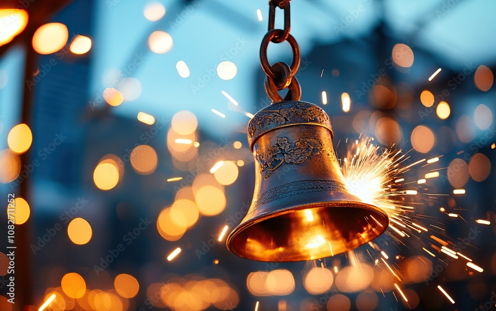Poster a close-up of a metallic bell with sparks flying around, illuminated by warm lights in a bokeh backg