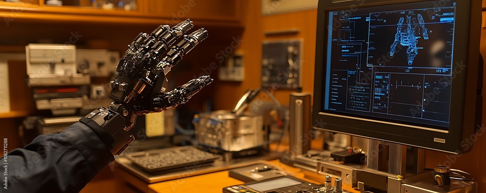 Poster a robotic hand interacts with a computer interface in a tech-focused workspace.