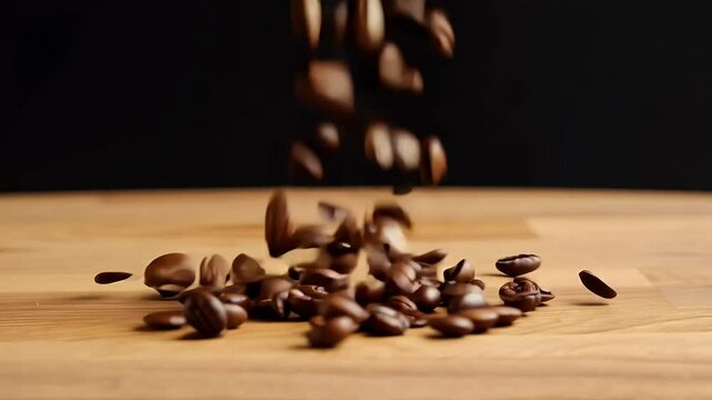 coffee beans rolling falling wooden table filmed ultra high definition 4K emphasize quality background bean black caffeine closeup hot drink colours fall down flow grain macro many mixing motion