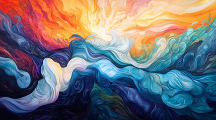 This captivating piece showcases a whirlwind of vibrant colors intertwining, evoking emotions associated with sunsets and ocean waves, creating a sense of movement and depth. Whirlwind. Illustration