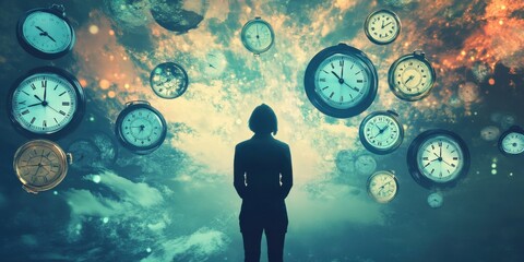Abstract image of a person surrounded by floating clocks, symbolizing anxiety about time and deadlines