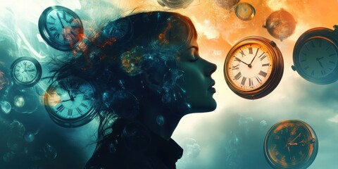 Abstract image of a person surrounded by floating clocks, symbolizing anxiety about time and deadlines