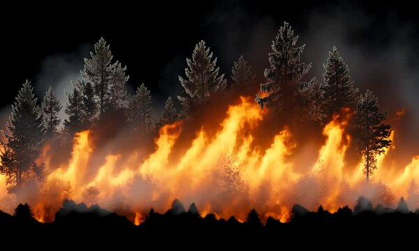 Dramatic Forest Fire with Flames Engulfing Trees at Night Creating a Fiery and Dangerous Atmosphere in a Dark Wilderness Landscape