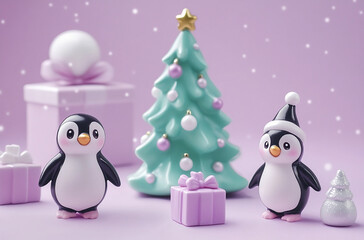 Fototapeta premium Two penguins stand near a decorated Christmas tree and presents on a purple surface with falling snow