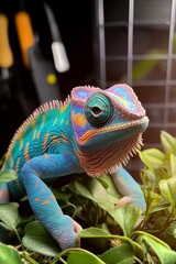 Obraz premium Vivid Veiled Chameleon A Close-Up Portrait Showcasing Vibrant Colors Against Lush Greenery