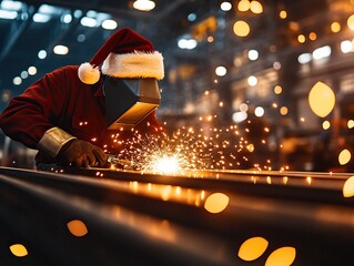 A welder in a festive Santa outfit works on metal, creating sparks in a workshop filled with warm, ambient light.