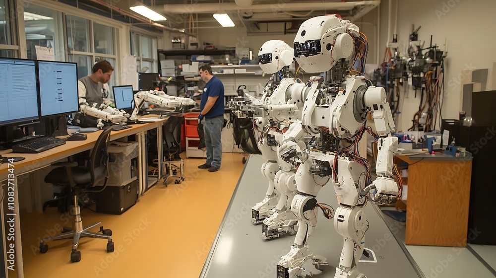 Poster robots in a workshop with engineers working on robotic arms and humanoid figures.