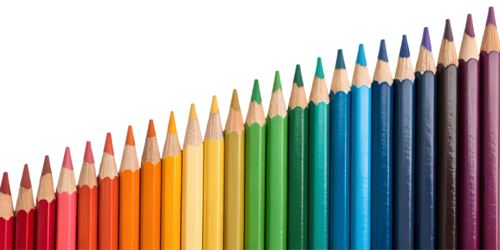colorful wooden pencils in a row isolated on transparent background 