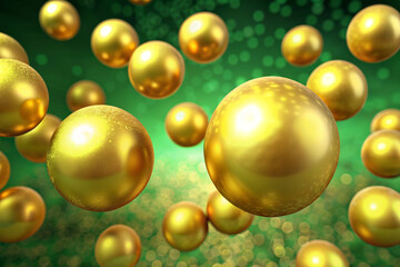 Golden spheres floating against a vibrant green background with sparkling bokeh highlights