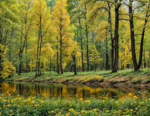 Fototapeta premium Tranquil autumn forest by a calm river with vibrant yellow foliage