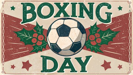Vintage Boxing Day football poster featuring soccer ball and holly decorations in retro style
