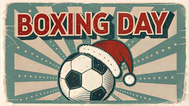Vintage Boxing Day football poster with Santa hat on soccer ball and retro comic style design